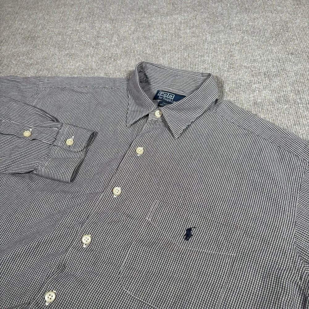 Vintage Polo Ralph Lauren Crane Shirt Mens Size L Blue‎ Plaid Long Sleeve Pocket
